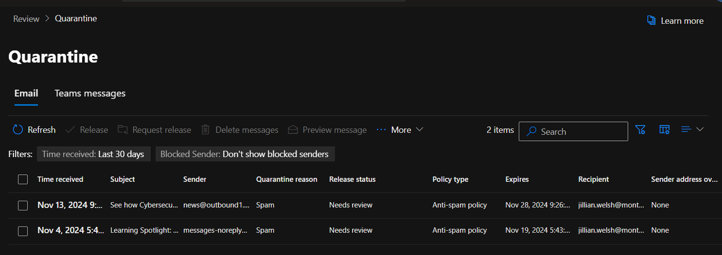 Spam - Quarantined Email - Office 365 | Montana State University
